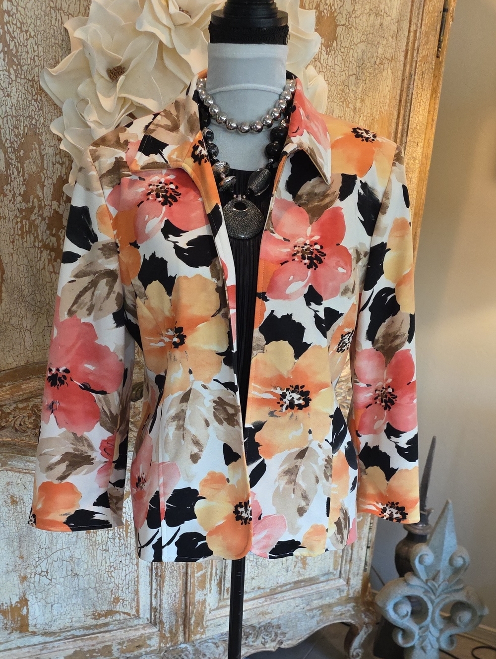 Alfred Dunner Floral Blazer in Pink, Orange & Cream